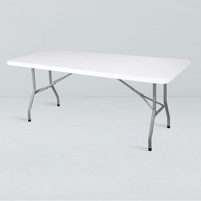 Folding banquet table 30″ x 72″ with durable plastic top. Lightweight, easy to set up, commercial use.