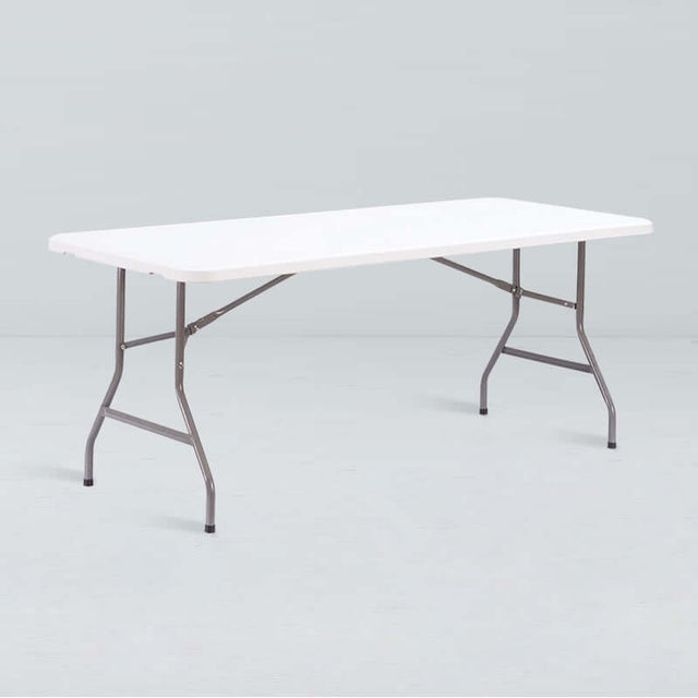 Folding banquet table 30" x 72" with sturdy steel legs and lightweight plastic top, ideal for special events.