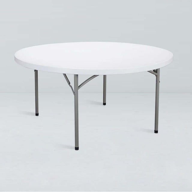Round plastic folding banquet table, 60-inch, ideal for events and receptions, featuring a durable HDPE top and sturdy legs.