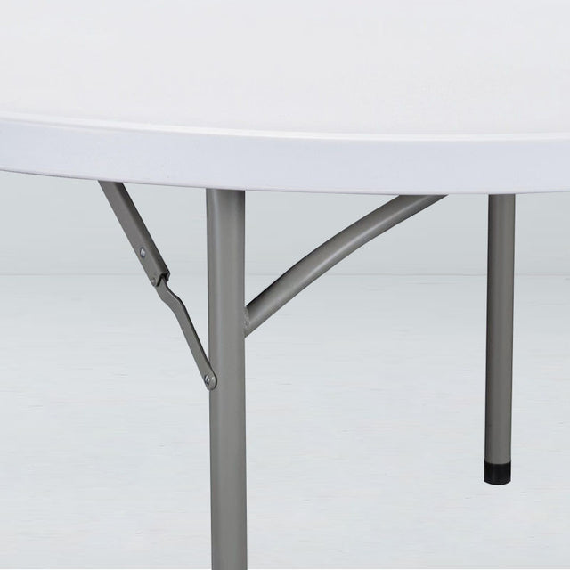 Underside view of a 60-inch round plastic folding banquet table showcasing its sturdy steel legs and lockable folding mechanism.