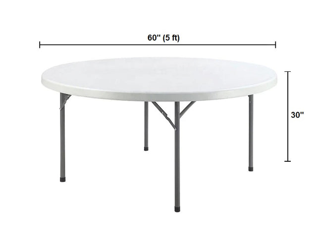 60-inch round plastic folding banquet table with steel legs, ideal for events and receptions, sturdy and durable design.