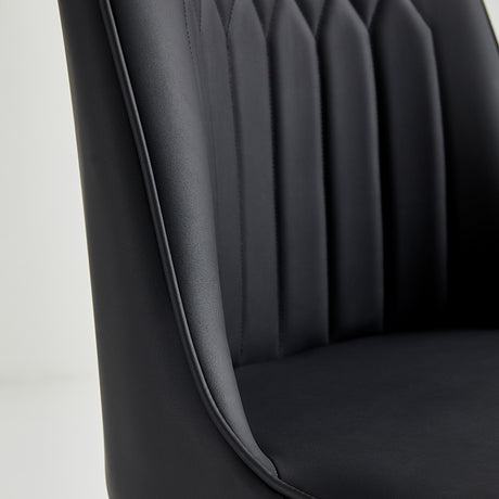 Close-up of a black restaurant chair featuring scratch-resistant vinyl upholstery and box-stitched design for comfort.