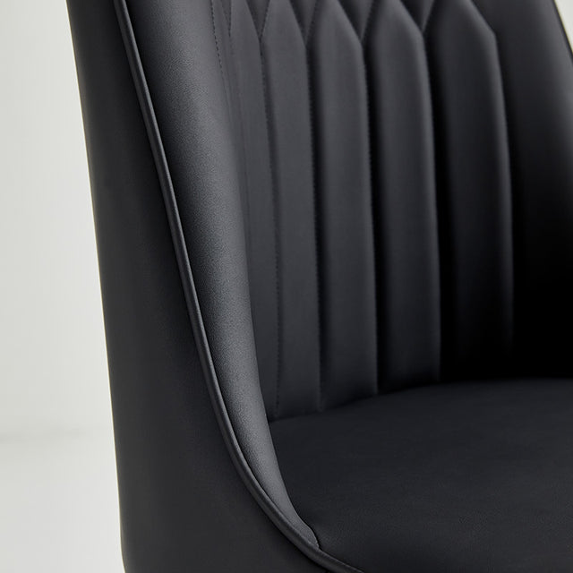 Close-up of a black restaurant chair featuring scratch-resistant vinyl upholstery and box-stitched design for comfort.