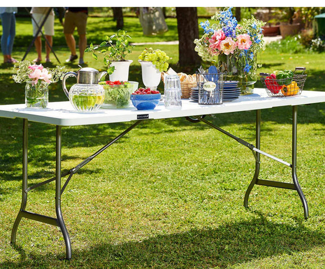 Folding banquet table 30″ x 72″ with durable plastic top. Lightweight, easy to set up, and perfect for events, parties, and commercial use.