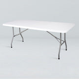 Folding banquet table 30″ x 72″ with durable plastic top. Lightweight, easy to set up, commercial use.