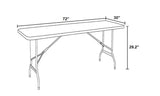 Folding banquet table detail showing durable white plastic top and sturdy steel legs for special events. 2