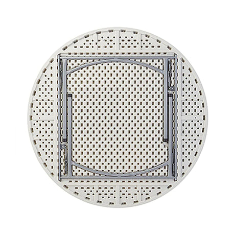 Plastic folding banquet table 60" round with honeycomb pattern and steel frame for durability.