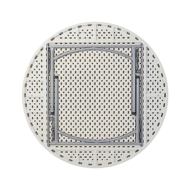 Plastic folding banquet table 60" round with honeycomb pattern and steel frame for durability.