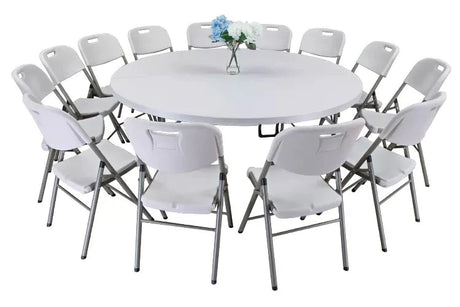 Round plastic folding banquet table with 12 folding chairs arranged around it, perfect for events and receptions.
