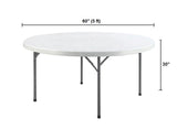 60-inch round plastic folding banquet table with steel legs, ideal for events and receptions, sturdy and durable design.